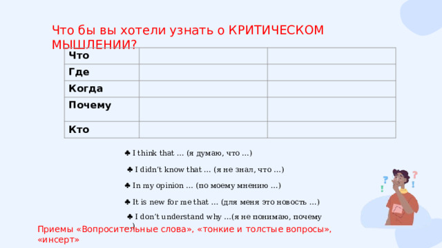 Что бы вы хотели узнать о КРИТИЧЕСКОМ МЫШЛЕНИИ? Что Где Когда Почему Кто   I think that … (я думаю, что …)    I didn’t know that … (я не знал, что …)   In my opinion … (по моему мнению …)   It is new for me that … (для меня это новость …)    I don’t understand why …(я не понимаю, почему …) Приемы «Вопросительные слова», «тонкие и толстые вопросы», «инсерт» 
