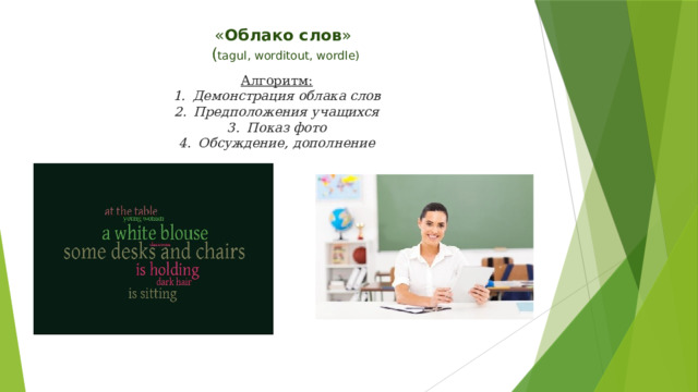 « Облако слов »  ( tagul, worditout, wordle) Алгоритм: Демонстрация облака слов Предположения учащихся Показ фото Обсуждение, дополнение 