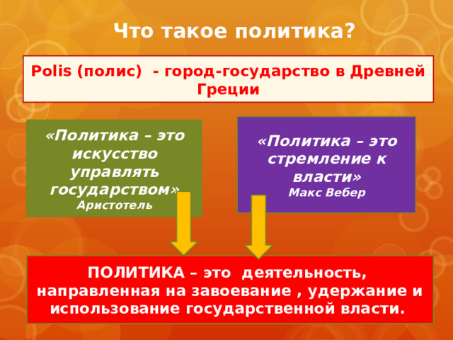 Что такое политика? Polis (полис) - город-государство в Древней Греции «Политика – это стремление к власти» Макс Вебер «Политика – это искусство управлять государством» Аристотель ПОЛИТИКА – это деятельность, направленная на завоевание , удержание и использование государственной власти. 
