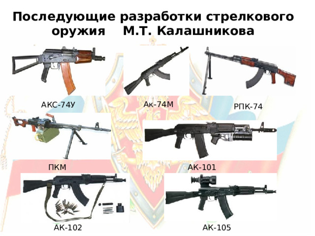 Последующие разработки стрелкового оружия М.Т. Калашникова  Ак-74М АКС-74У РПК-74 ПКМ АК-101 АК-105 АК-102 