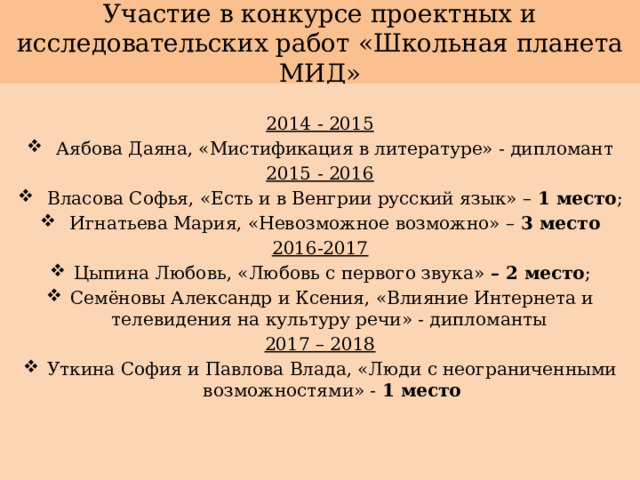 Участие в конкурсе проектных и исследовательских работ «Школьная планета МИД» 2014 - 2015  Аябова Даяна, «Мистификация в литературе» - дипломант 2015 - 2016  Власова Софья, «Есть и в Венгрии русский язык» – 1 место ;  Игнатьева Мария, «Невозможное возможно» – 3 место 2016-2017 Цыпина Любовь, «Любовь с первого звука» – 2 место ; Семёновы Александр и Ксения, «Влияние Интернета и телевидения на культуру речи» - дипломанты 2017 – 2018 Уткина София и Павлова Влада, «Люди с неограниченными возможностями» - 1 место 