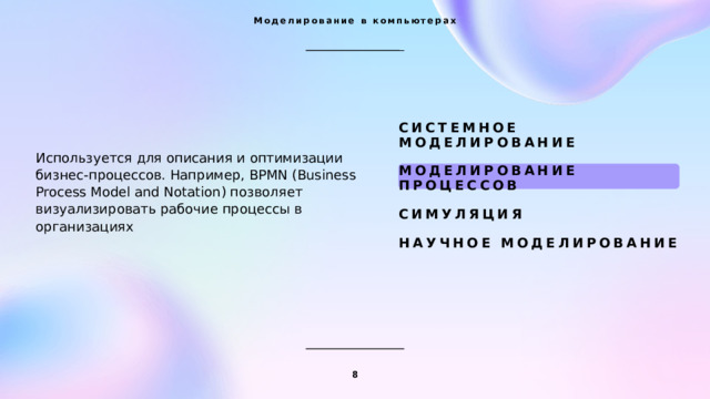 Моделирование в компьютерах   Системное моделирование   Моделирование процессов   Симуляция   Научное моделирование   Используется для описания и оптимизации бизнес-процессов. Например, BPMN (Business Process Model and Notation) позволяет визуализировать рабочие процессы в организациях 1 1 