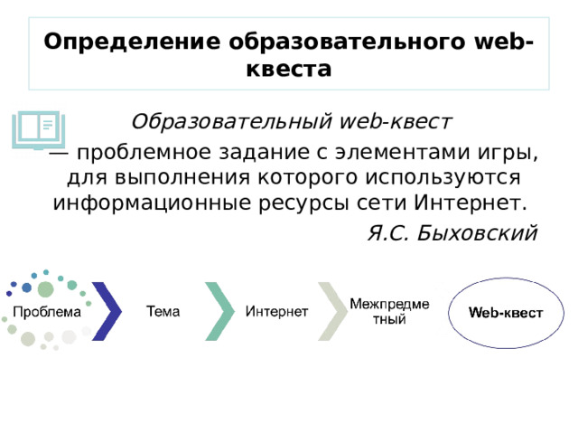 Определение  образовательного web -квеста Образовательный web-квест — проблемное задание c элементами игры, для выполнения которого используются информационные ресурсы сети Интернет. Я.С. Быховский  
