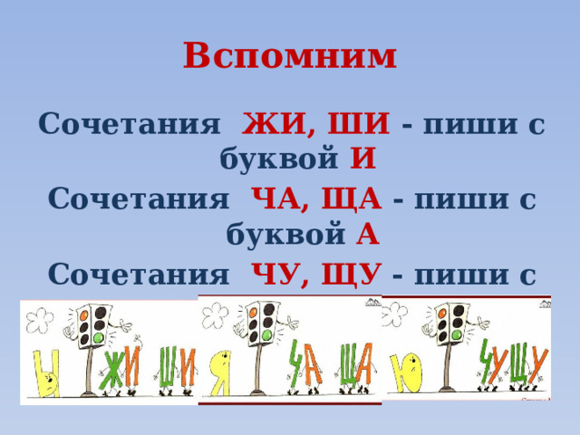 Вспомним Сочетания ЖИ, ШИ - пиши с буквой И  Сочетания ЧА, ЩА - пиши с буквой А Сочетания ЧУ, ЩУ - пиши с буквой У 