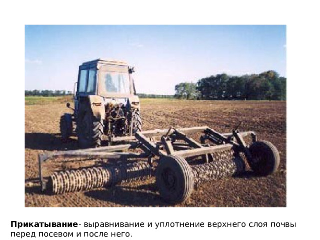 Прикатывание - выравнивание и уплотнение верхнего слоя почвы перед посевом и после него. 