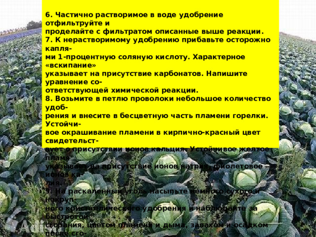  6. Частично растворимое в воде удобрение отфильтруйте и проделайте с фильтратом описанные выше реакции. 7. К нерастворимому удобрению прибавьте осторожно капля- ми 1-процентную соляную кислоту. Характерное «вскипание» указывает на присутствие карбонатов. Напишите уравнение со- ответствующей химической реакции. 8. Возьмите в петлю проволоки небольшое количество удоб- рения и внесите в бесцветную часть пламени горелки. Устойчи- вое окрашивание пламени в кирпично-красный цвет свидетельст- вует о присутствии ионов кальция. Устойчивое желтое пламя указывает на присутствие ионов натрия, фиолетовое — ионов ка- лия. 9. На раскаленный уголь насыпьте немного сухого и некруп- ного кристаллического удобрения и наблюдайте за быстротой сгорания, цветом пламени и дыма, запахом и осадком после сго- рания. 