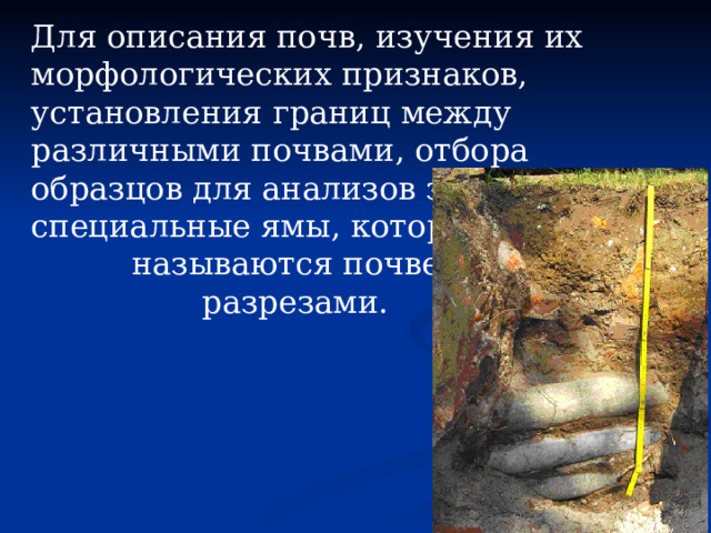 Для описания почв, изучения их морфологических признаков, установления границ между различными почвами, отбора образцов для анализов закладывают специальные ямы, которые называются почвенными разрезами. 