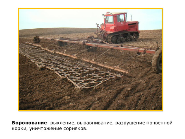 Боронование - рыхление, выравнивание, разрушение почвенной корки, уничтожение сорняков. 