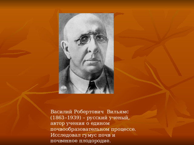 Василий Робертович Вильямс (1863–1939) – русский ученый, автор учения о едином почвообразовательном процессе. Исследовал гумус почв и почвенное плодородие. 
