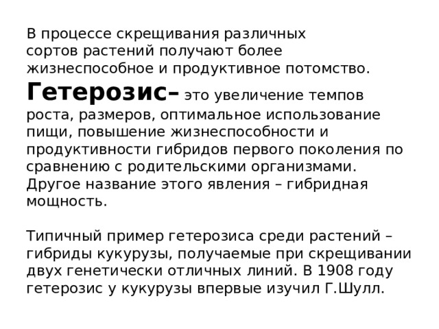 В процессе скрещивания различных сортов растений получают более жизнеспособное и продуктивное потомство.  Гетерозис– это увеличение темпов роста, размеров, оптимальное использование пищи, повышение жизнеспособности и продуктивности гибридов первого поколения по сравнению с родительскими организмами. Другое название этого явления – гибридная мощность.   Типичный пример гетерозиса среди растений – гибриды кукурузы, получаемые при скрещивании двух генетически отличных линий. В 1908 году гетерозис у кукурузы впервые изучил Г.Шулл.  