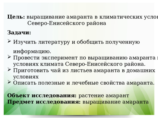 Цель: выращивание амаранта в климатических условиях  Северо-Енисейского района Задачи: Изучить литературу и обобщить полученную информацию. Провести эксперимент по выращиванию амаранта в условиях климата Северо-Енисейского района. Приготовить чай из листьев амаранта в домашних условиях Описать полезные и лечебные свойства амаранта.  Объект исследования: растение амарант Предмет исследования: выращивание амаранта   