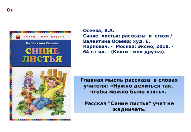 0+ Осеева, В.А. Синие листья: рассказы и стихи / Валентина Осеева; худ. Е. Карпович. - Москва: Эксмо, 2018. - 64 с.: ил. - (Книги - мои друзья). Главная мысль рассказа в словах учителя: «Нужно делиться так, чтобы можно было взять».  Рассказ 