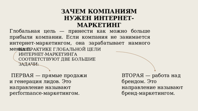 Зачем компаниям нужен интернет-маркетинг Глобальная цель — принести как можно больше прибыли компании. Если компания не занимается интернет-маркетингом, она зарабатывает намного меньше. На практике глобальной цели интернет-маркетинга соответствуют две большие задачи:  Первая — прямые продажи и генерация лидов. Это направление называют performance-маркетингом. Вторая — работа над брендом. Это направление называют бренд-маркетингом. 