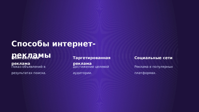 Способы интернет-рекламы Контекстная реклама Таргетированная реклама Социальные сети Показ объявлений в результатах поиска. Достижение целевой аудитории. Реклама в популярных платформах.  
