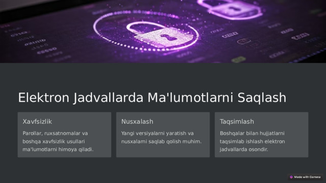 Elektron Jadvallarda Ma'lumotlarni Saqlash Xavfsizlik Nusxalash Taqsimlash Parollar, ruxsatnomalar va boshqa xavfsizlik usullari ma'lumotlarni himoya qiladi. Yangi versiyalarni yaratish va nusxalarni saqlab qolish muhim. Boshqalar bilan hujjatlarni taqsimlab ishlash elektron jadvallarda osondir.  