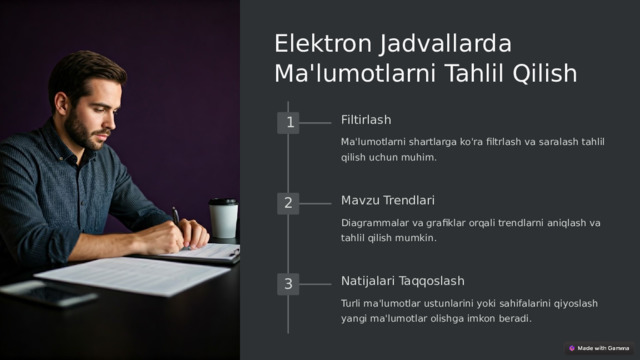 Elektron Jadvallarda Ma'lumotlarni Tahlil Qilish Filtirlash 1 Ma'lumotlarni shartlarga ko'ra filtrlash va saralash tahlil qilish uchun muhim. Mavzu Trendlari 2 Diagrammalar va grafiklar orqali trendlarni aniqlash va tahlil qilish mumkin. Natijalari Taqqoslash 3 Turli ma'lumotlar ustunlarini yoki sahifalarini qiyoslash yangi ma'lumotlar olishga imkon beradi.  