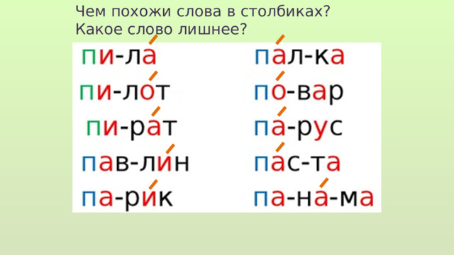 Чем похожи слова в столбиках? Какое слово лишнее? 
