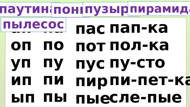 пирамида пузыри паутина пони Прочитай. В каком слове может быть слог? па пылесос по пу пи пы пап-ка ап оп пол-ка пу-сто уп пи-пет-ка ип сле-пые ып пас пот пус пир пые  