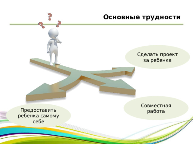 Основные трудности Сделать проект за ребенка Совместная работа Предоставить ребенка самому себе 
