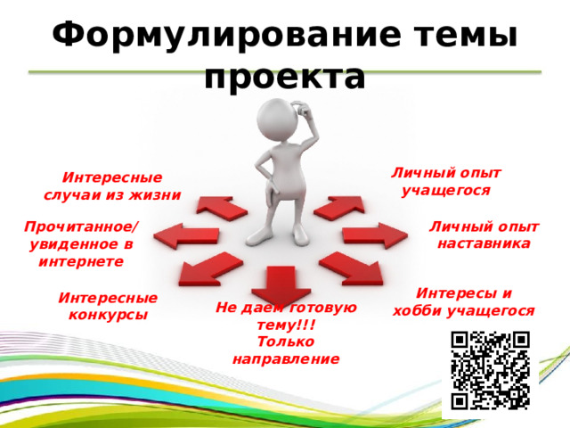 Формулирование темы проекта Личный опыт учащегося Интересные случаи из жизни Личный опыт наставника Прочитанное/ увиденное в интернете Интересы и хобби учащегося Интересные конкурсы Не даем готовую тему!!! Только направление 
