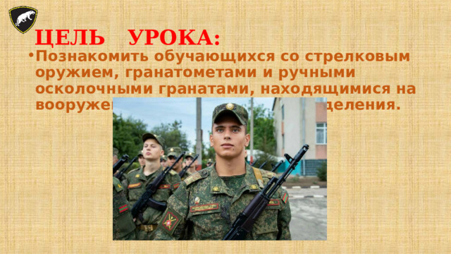 ЦЕЛЬ УРОКА: Познакомить обучающихся со стрелковым оружием, гранатометами и ручными осколочными гранатами, находящимися на вооружении мотострелкового отделения. 