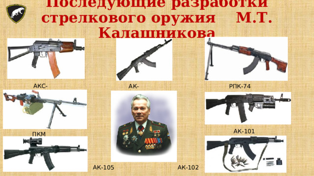 Последующие разработки стрелкового оружия М.Т. Калашникова   АКС-74У АК-74М РПК-74 АК-101 ПКМ АК-105 АК-102 