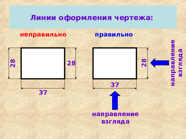 направление взгляда 28 28 Линии оформления чертежа: правильно неправильно 28 37 37 направление взгляда 
