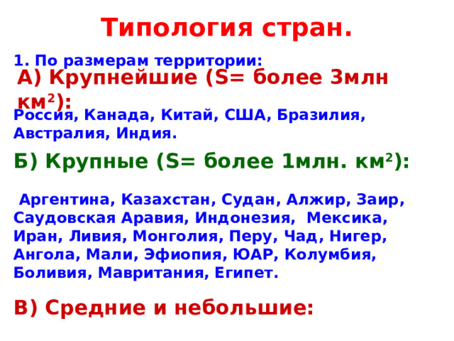 Типология стран. 1. По размерам территории: А) Крупнейшие ( S = более 3млн км 2 ): Россия, Канада, Китай, США, Бразилия, Австралия, Индия. Б) Крупные ( S = более 1млн. км 2 ):    Аргентина, Казахстан, Судан, Алжир, Заир, Саудовская Аравия, Индонезия, Мексика, Иран, Ливия, Монголия, Перу, Чад, Нигер, Ангола, Мали, Эфиопия, ЮАР, Колумбия, Боливия, Мавритания, Египет. В) Средние и небольшие: 
