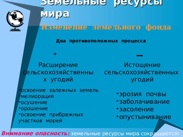 Земельные ресурсы мира Изменение земельного фонда Два противоположных процесса _ + Расширение сельскохозяйственных угодий Истощение сельскохозяйственных угодий освоение залежных земель мелиорация осушение орошение освоение прибрежных участков морей эрозия почвы заболачивание засоление опустынивание Внимание опасность :  земельные ресурсы мира сокращаются ! 