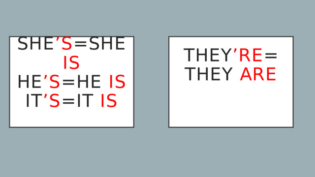 they ’re = She ’s =she is  he ’s =he is  it ’s =it is   they are    
