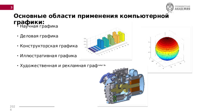  Основные области применения компьютерной графики: · Научная графика · Деловая графика · Конструкторская графика · Иллюстративная графика · Художественная и рекламная графика  