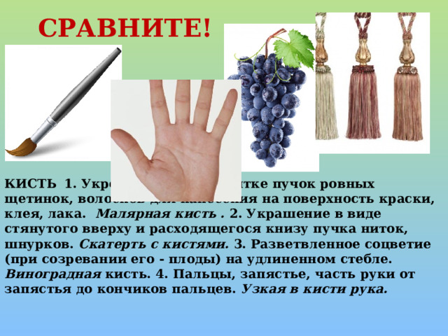 СРАВНИТЕ! КИСТЬ  1. Укрепленный в рукоятке пучок ровных щетинок, волосков для нанесения на поверхность краски, клея, лака. Малярная кисть . 2. Украшение в виде стянутого вверху и расходящегося книзу пучка ниток, шнурков. Скатерть с кистями. 3. Разветвленное соцветие (при созревании его - плоды) на удлиненном стебле. Виноградная кисть. 4. Пальцы, запястье, часть руки от запястья до кончиков пальцев. Узкая в кисти рука.   