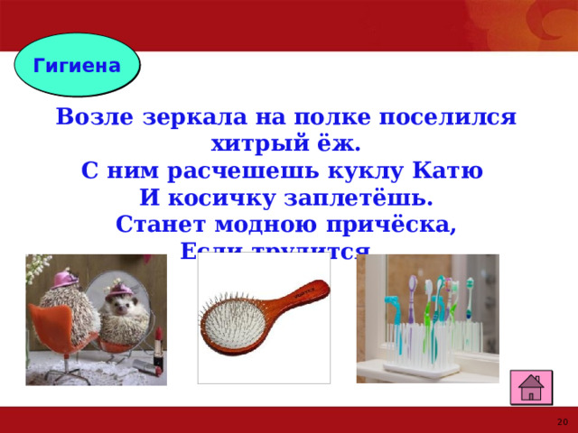 Гигиена Возле зеркала на полке поселился хитрый ёж.  С ним расчешешь куклу Катю И косичку заплетёшь.  Станет модною причёска,  Если трудится… 