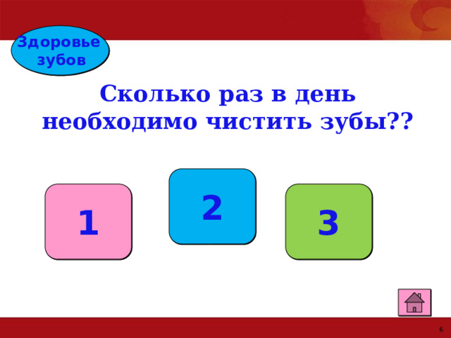 Здоровье зубов Сколько раз в день необходимо чистить зубы?? 2 1 3 