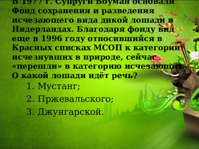 В 1977 г. Супруги Боуман основали Фонд сохранения и разведения исчезающего вида дикой лошади в Нидерландах. Благодаря фонду вид еще в 1996 году относившийся в Красных списках МСОП к категории исчезнувших в природе, сейчас «перешли» в категорию исчезающих. О какой лошади идёт речь? Мустанг; Пржевальского; Джунгарской. 