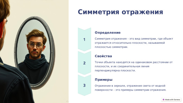 Симметрия отражения Определение Симметрия отражения – это вид симметрии, где объект отражается относительно плоскости, называемой плоскостью симметрии. Свойства Точки объекта находятся на одинаковом расстоянии от плоскости, и их соединительная линия перпендикулярна плоскости. Примеры Отражение в зеркале, отражение света от водной поверхности – это примеры симметрии отражения.  