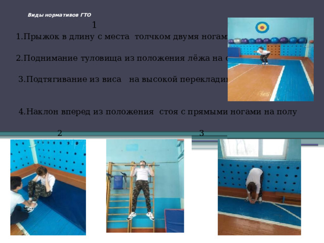 Виды нормативов ГТО            1 1.Прыжок в длину с места  толчком двумя ногами  2.Поднимание туловища из положения лёжа на спине  3.Подтягивание из виса   на высокой перекладине  4.Наклон вперед из положения  стоя с прямыми ногами на полу  2 3 4 