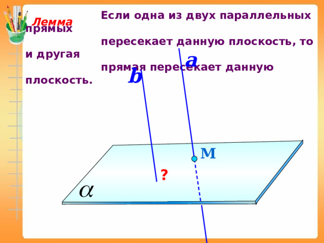  Лемма  Если одна из двух параллельных прямых  пересекает данную плоскость, то и другая  прямая пересекает данную плоскость. a b М ? 