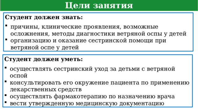 Цели занятия Студент должен знать: причины, клинические проявления, возможные осложнения, методы диагностики ветряной оспы у детей организацию и оказание сестринской помощи при ветряной оспе у детей Студент должен уметь: осуществлять сестринский уход за детьми с ветряной оспой консультировать его окружение пациента по применению лекарственных средств осуществлять фармакотерапию по назначению врача вести утвержденную медицинскую документацию 