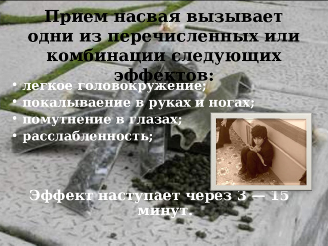 Прием насвая вызывает одни из перечисленных или комбинации следующих эффектов: легкое головокружение; покалываение в руках и ногах; помутнение в глазах; расслабленность;    Эффект наступает через 3 — 15 минут. 