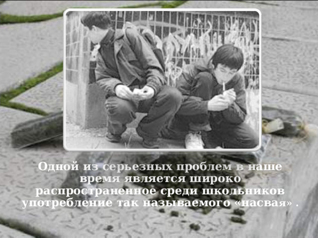   Одной из серьезных проблем в наше время является широко распространенное среди школьников употребление так называемого «насва я» . 