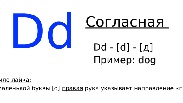 Dd Согласная Dd - [d] - [д] Пример: d og Правило лайка: Для маленькой буквы [d] правая рука указывает направление «пузика» 