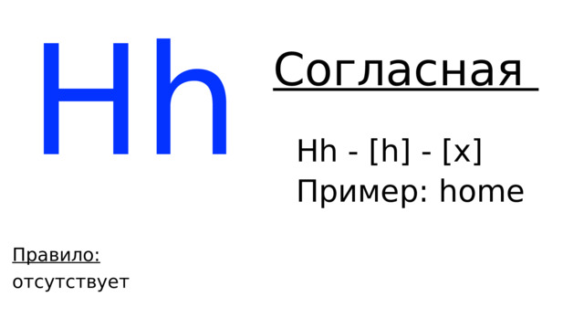 Hh Согласная Hh - [h] - [х] Пример: h ome Правило: отсутствует 
