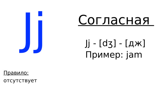 Jj Согласная Jj - [dʒ] - [дж] Пример: j am Правило: отсутствует 