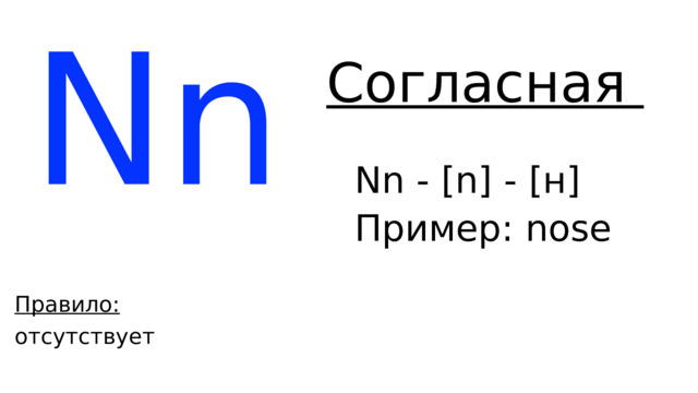 Nn Согласная Nn - [n] - [н] Пример: n ose Правило: отсутствует 