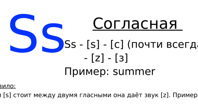Ss Согласная Ss - [s] - [с] (почти всегда)  - [z] - [з] Пример: s ummer Правило: Если [s] стоит между двумя гласными она даёт звук [z]. Пример: u s e 