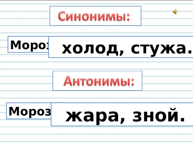 Мороз -  холод, стужа. Мороз -  жара, зной. 