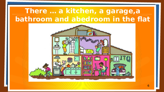 There … a kitchen, a garage,a bathroom and abedroom in the flat  