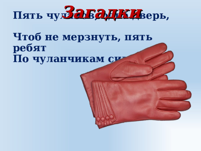 Загадки Пять чуланов, одна дверь,  Чтоб не мерзнуть, пять ребят  По чуланчикам сидят. 