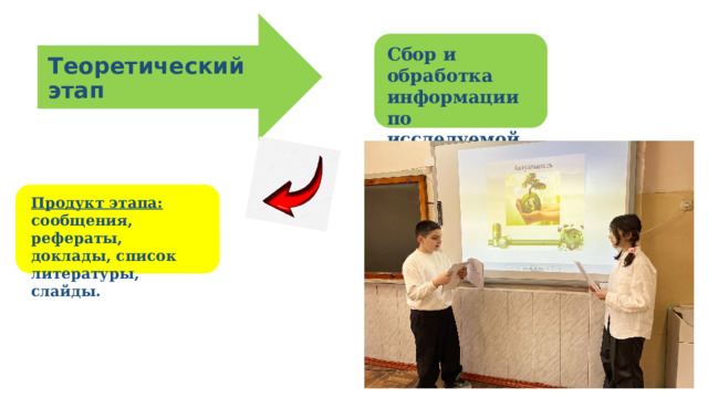 Сбор и обработка информации по исследуемой теме Теоретический этап Продукт этапа:  сообщения, рефераты, доклады, список литературы, слайды. 